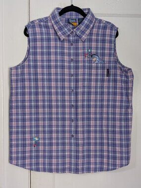 VTG Disney Pooh Women Eeyore Plaid Sleeveless Button Up Shirt 14W 16W Embroidery